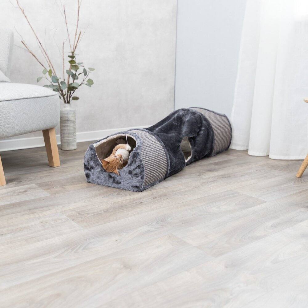 Angle. TRIXIE - Sisal & Plush 1-Level Cat Condos with Scratching Surface, Tunnel & Cat Toy - Gray.