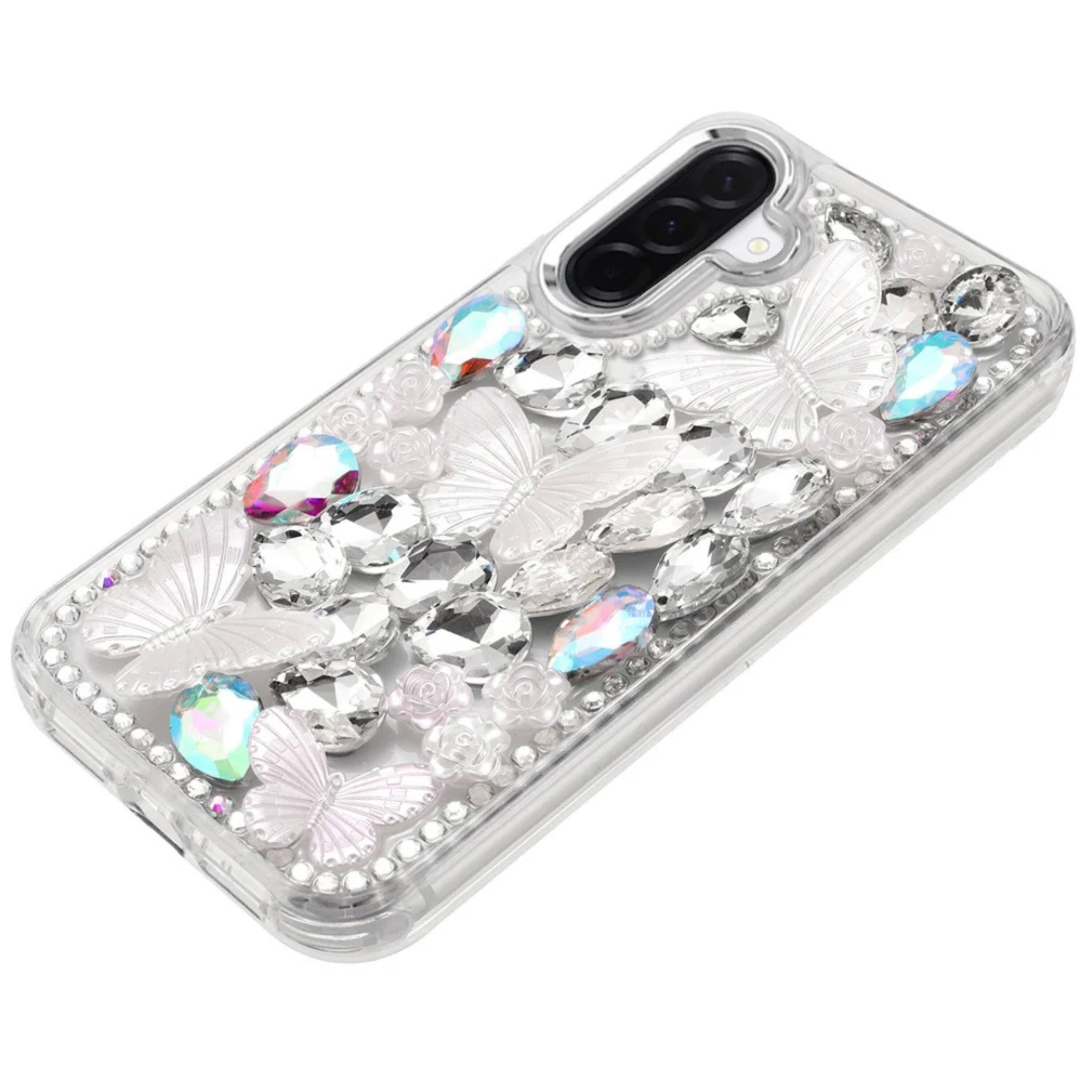 Angle. Kitcheniva - Bling Diamond Large Butterfly Phone Case With Tempered Glass For Samsung A37 5G Silver - Silver.