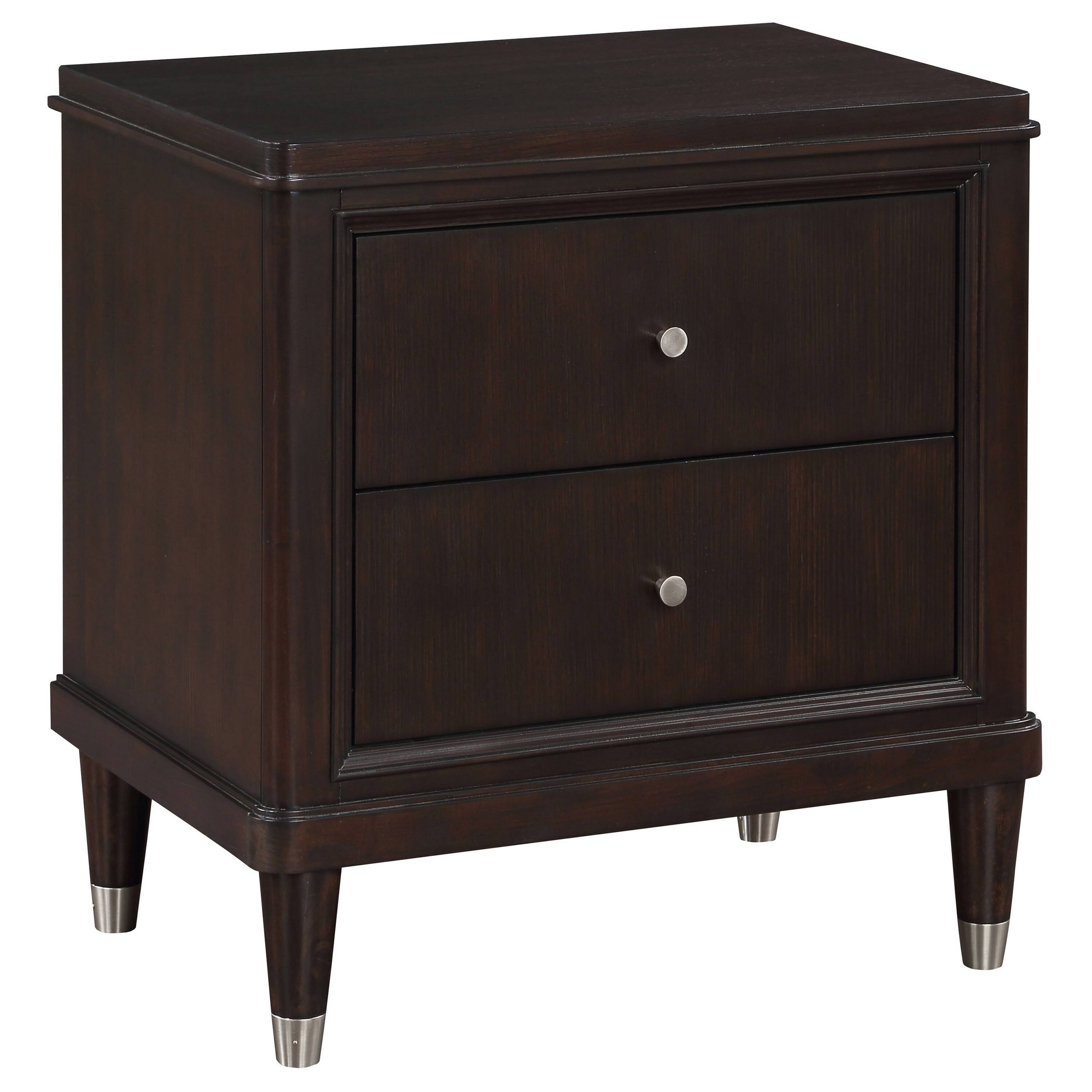 Front. Manhattan Lane - Amber Nightstand, 2 Drawers, Round Metal Knobs, Tapered Legs,  Wood - Brown, Silver.