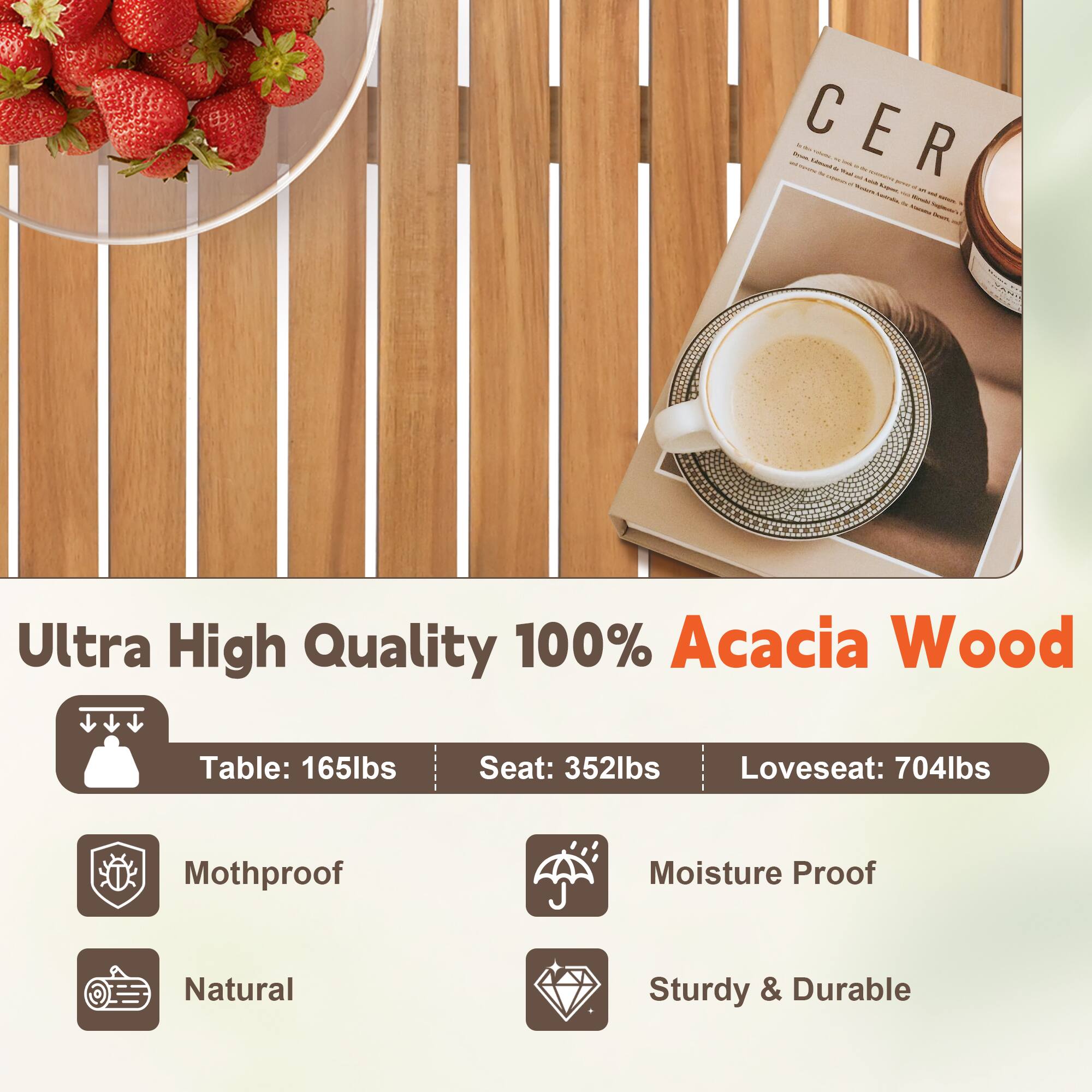 Ultra High Quality 100% Acacia Wood

- Table: 165lbs
- Seat: 352lbs
- Loveseat: 704lbs

- Mothproof
- Moisture Proof
- Natural
- Sturdy & Durable