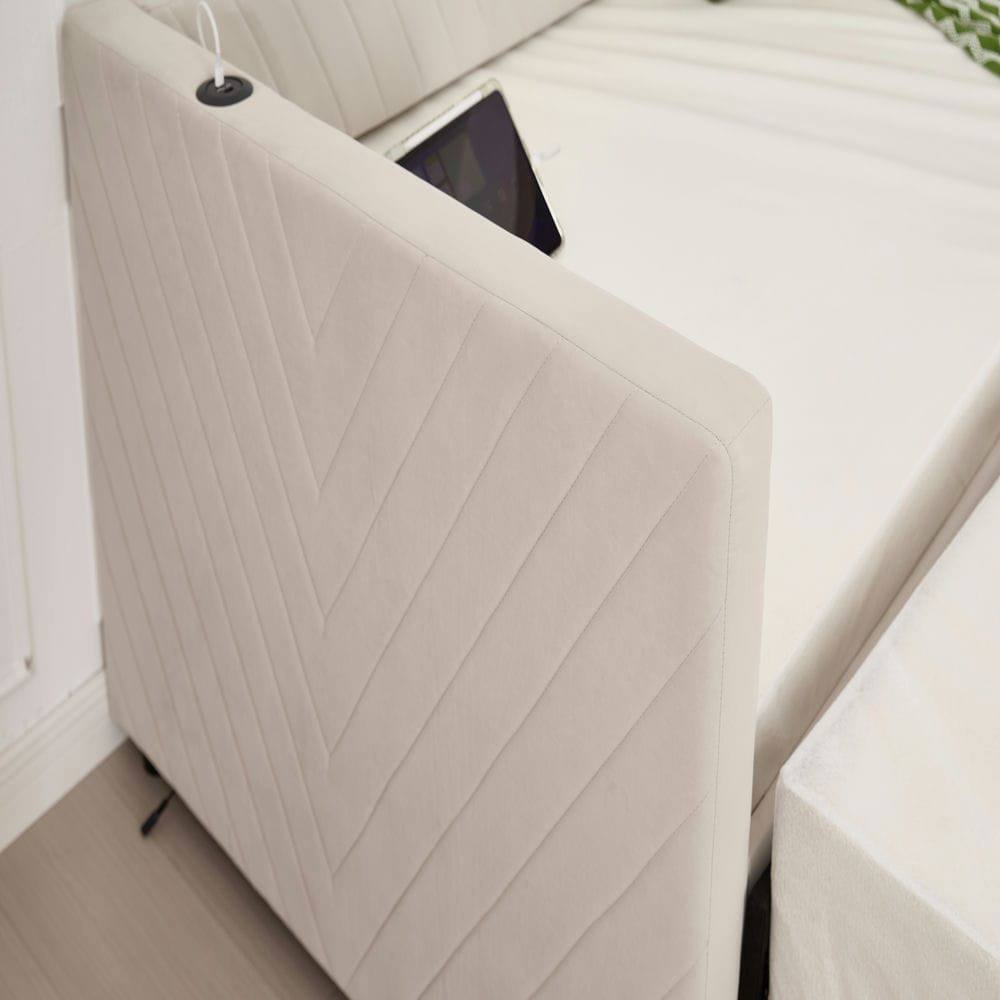 Alt View 7. Kadyn - Twin Upholstered Daybed with Trundle, USB Port & Side Pockets, Modern V-Grain Backrest, No Box Spring - Beige.