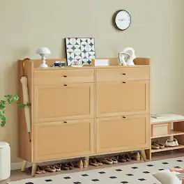 Babevy - Shoe Cabinet with 4 Rattan Flip Drawers & 2 Storage Drawers, Freestanding Hidden Shoe Organizer - Oak