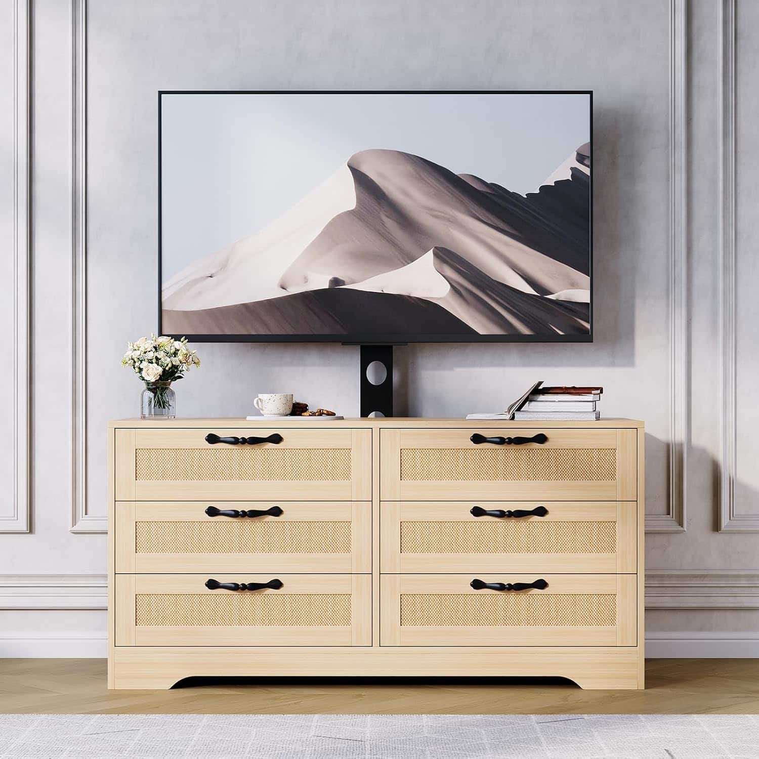 Babevy - TV Stand with Mount, 47.2" Modern Entertainment Center 6-Drawer Rattan Dresser for Living Room - Natural