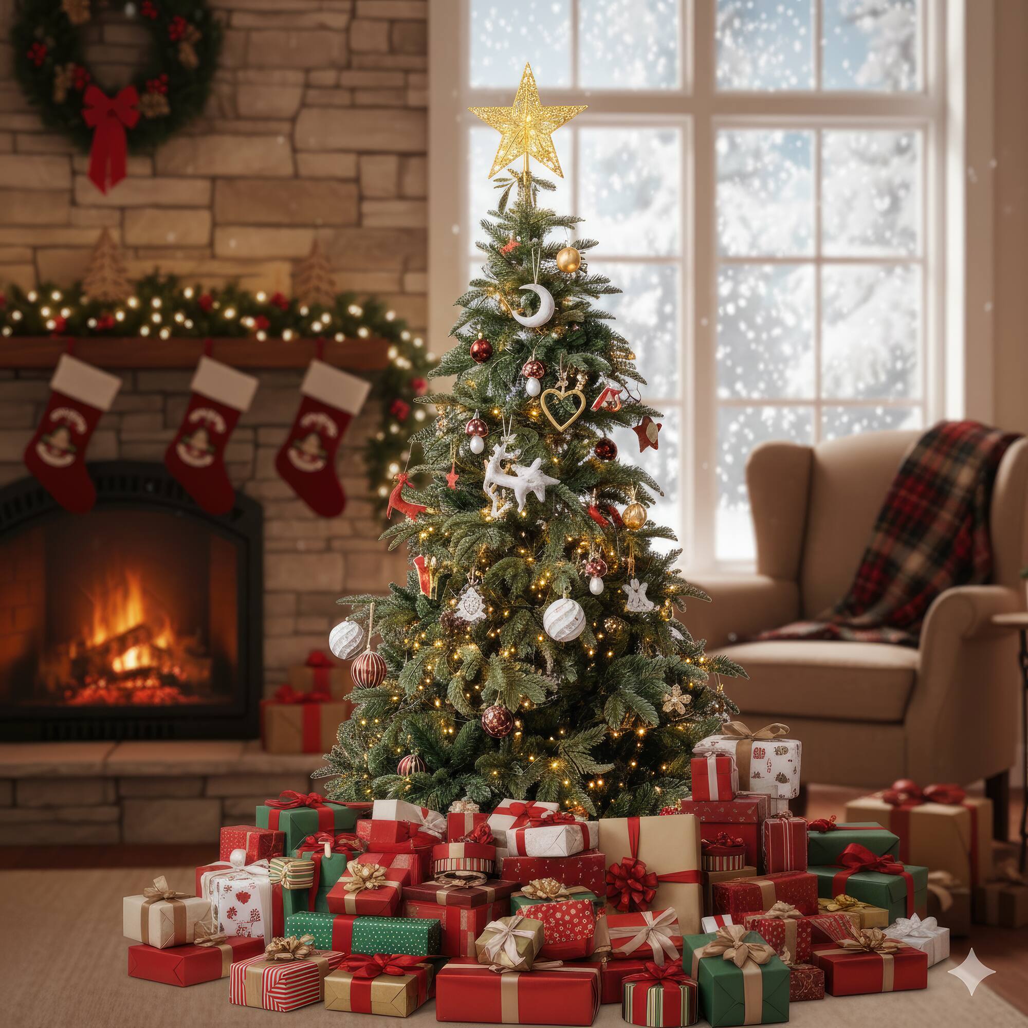 Left. FC Design - Lighted Star Christmas Tree Topper with Decorative Ornament & Easy-Mount Base, LED Light - Gold.