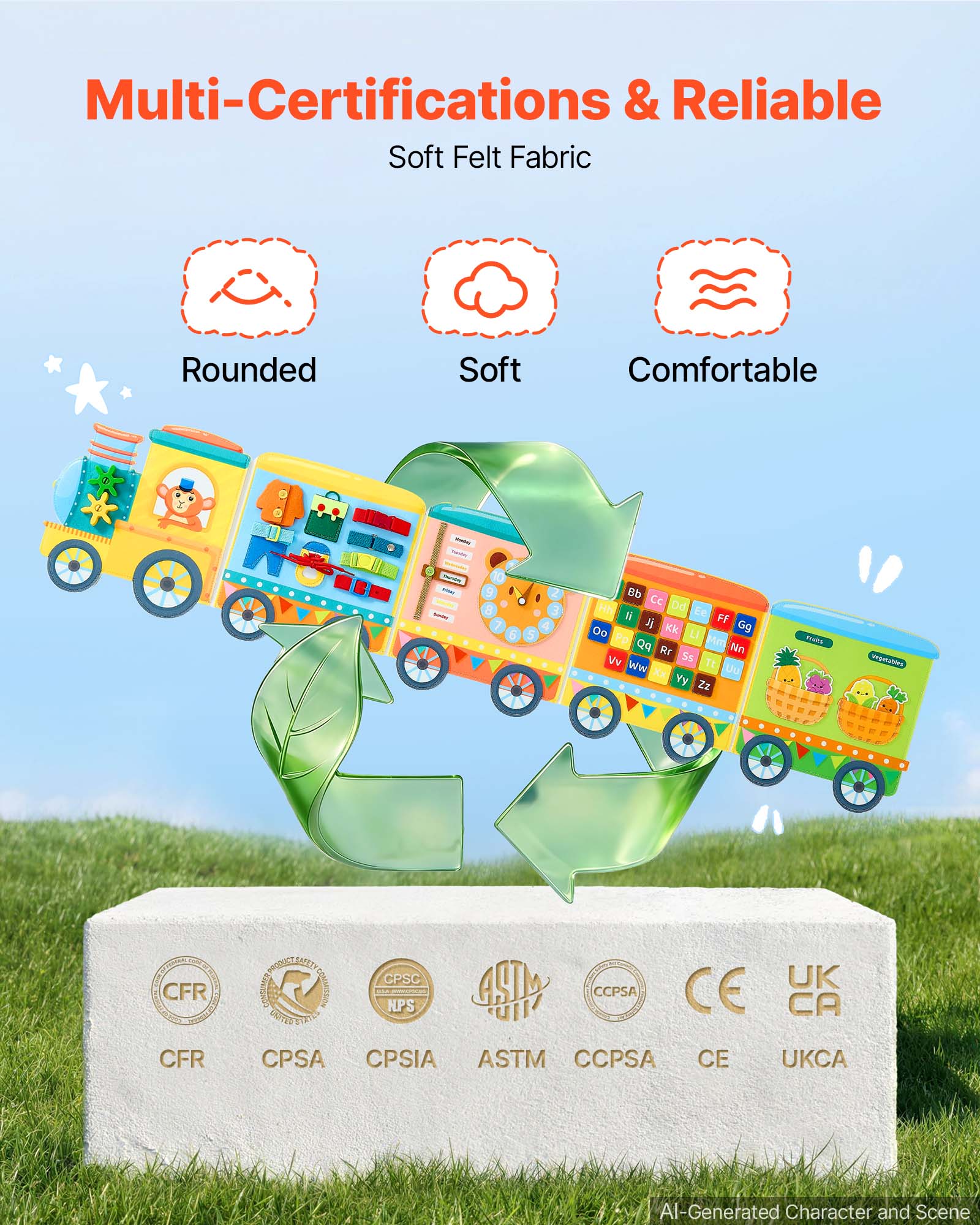 Multi-Certifications & Reliable  
Soft Felt Fabric  

Rounded  
Soft  
Comfortable  

9 8  
d8 CC Dd Hh il it FF Oo Kk LI Gg Pp Qq Mm Rr Nn Vv 5s Tt Ww Xx UU Yy Zz  

Arabs  
vegetables  

CFR  
CPSA  
CPSIA  
ASTM  
CCPSA  
CE  
UKCA  

AI-Generated Character and Scene