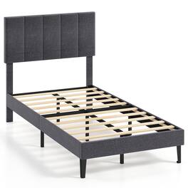 Costway - Twin Size Bed Frame,Linen Upholstered Platform Bed with Height Adjustable Headboard - Gray