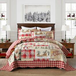 MarCielo - 3-Piece Christmas Deer Pattern Queen Size Quilt Set B010 - Red