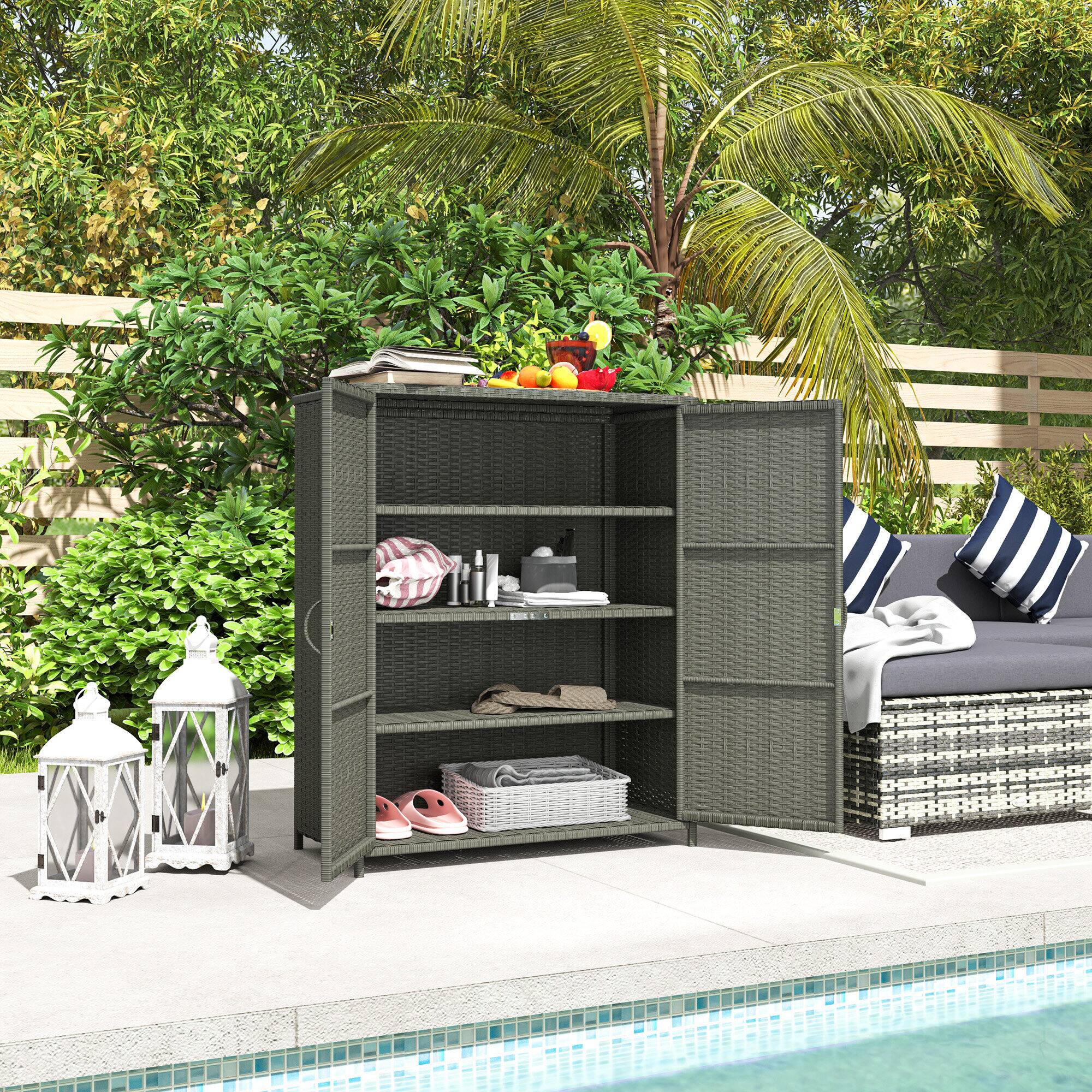 Alt View 1. Outsunny - Wicker Outdoor Storage Cabinet with Shelves, 4-Shelf Outdoor Pool Towel Cabinet with Two Doors - Dark Gray.