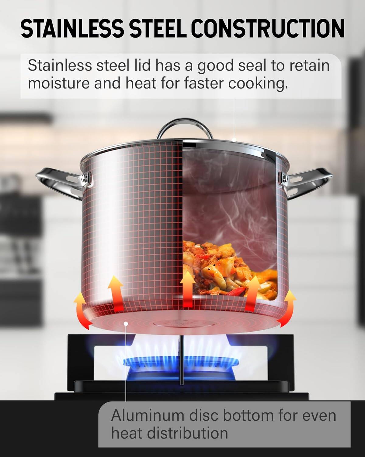 STAINLESS STEEL CONSTRUCTION

Stainless steel lid has a good seal to retain moisture and heat for faster cooking.

Aluminum disc bottom for even heat distribution