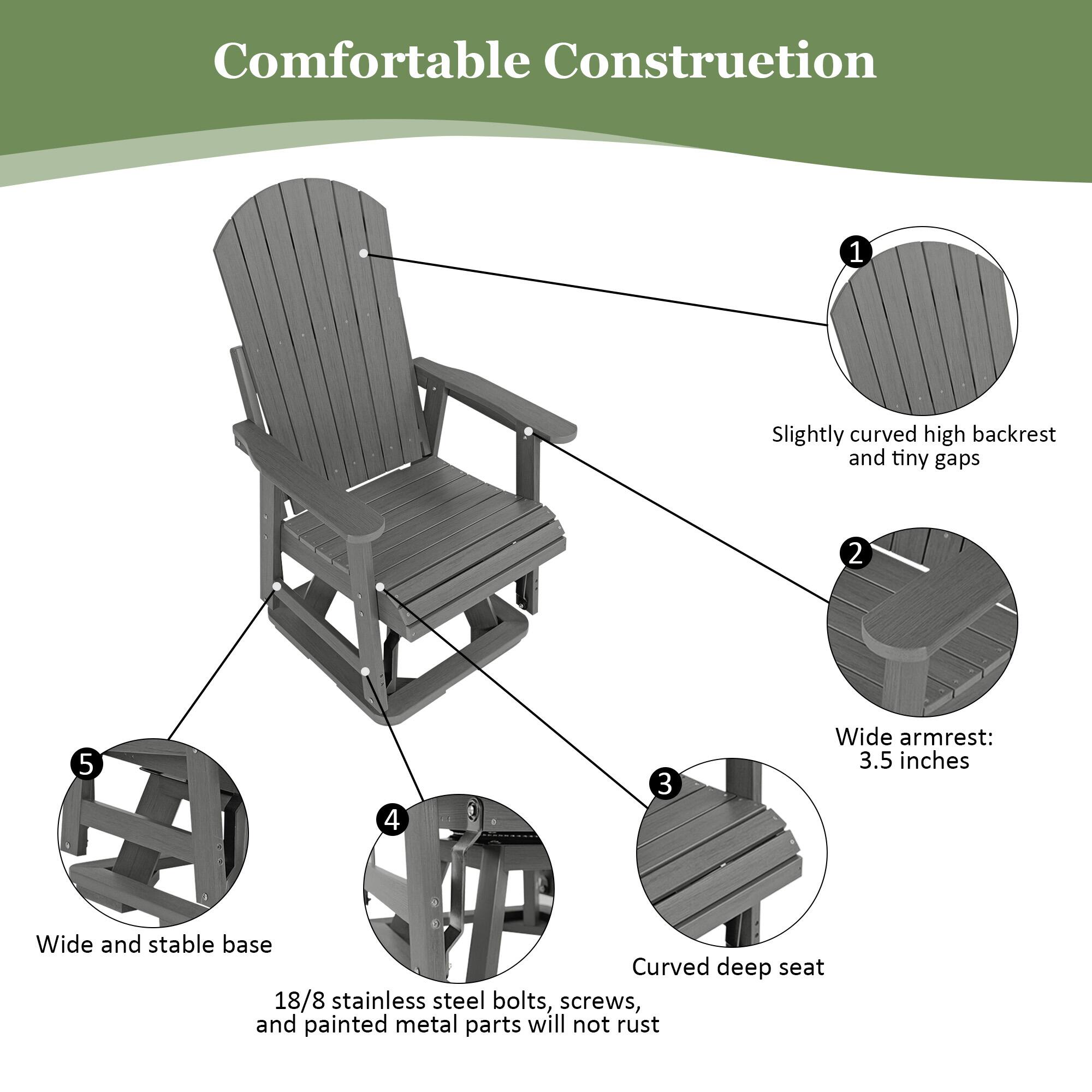 Comfortable Construction

1. Slightly curved high backrest and tiny gaps
2. Wide armrest: 3.5 inches
3. Curved deep seat
4. 18/8 stainless steel bolts, screws, and painted metal parts will not rust
5. Wide and stable base
