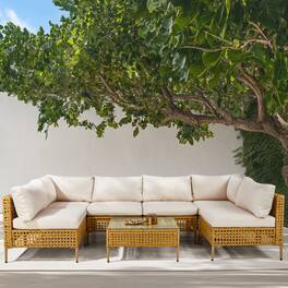 Winado - 7PCS Patio Wicker Rattan Sectional Furniture Set with Cushions, Coffee Table for Indoor Outdoor Garden Backyard Poolside - Yellow & Beige Cushion