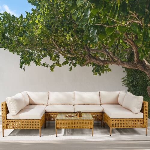 Front. Winado - 7PCS Patio Wicker Rattan Sectional Furniture Set with Cushions, Coffee Table for Indoor Outdoor Garden Backyard Poolside - Yellow & Beige Cushion.