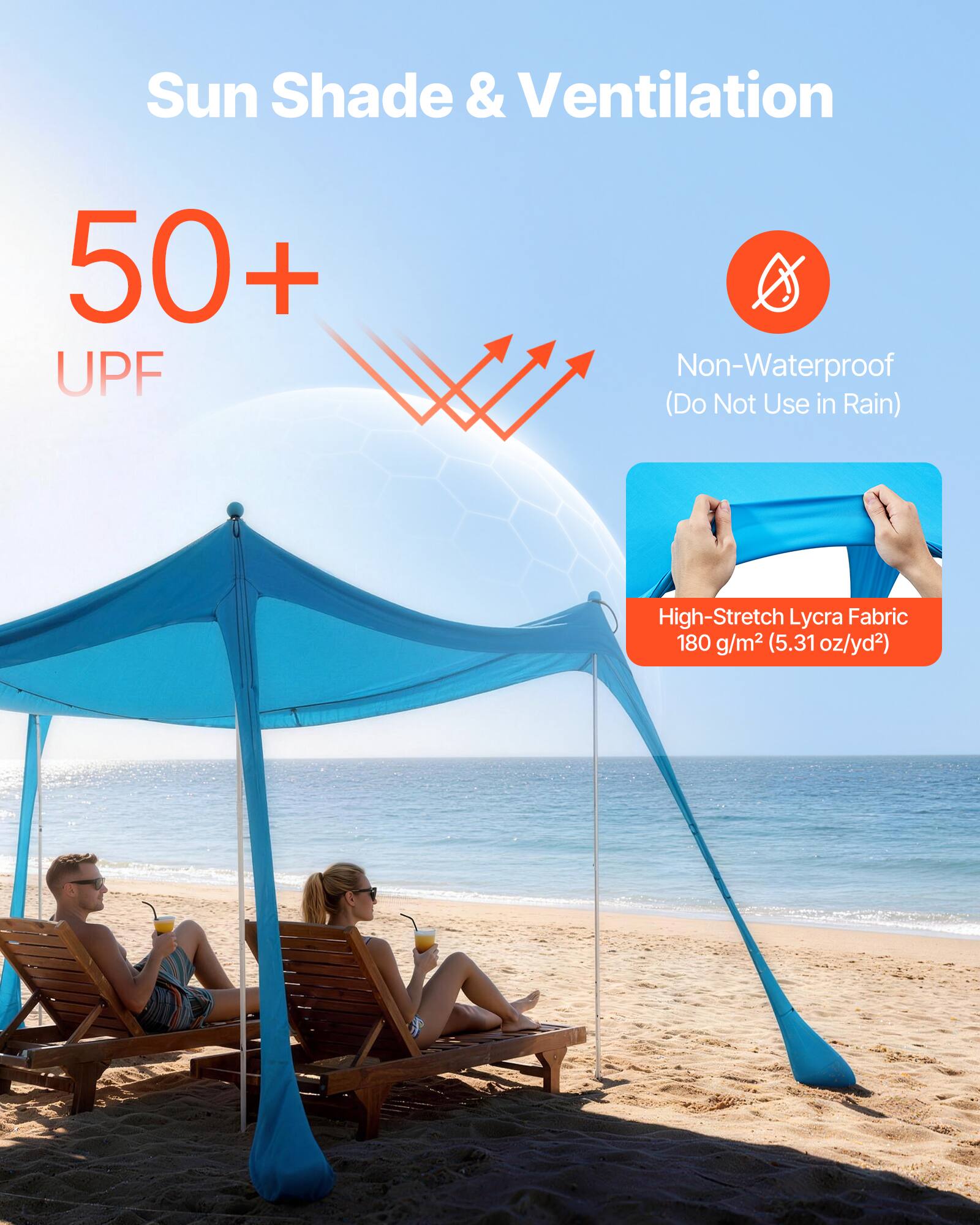 Sun Shade & Ventilation  
50+ UPF  
Non-Waterproof (Do Not Use in Rain)  
High-Stretch Lycra Fabric  
180 g/m² (5.31 oz/yd²)