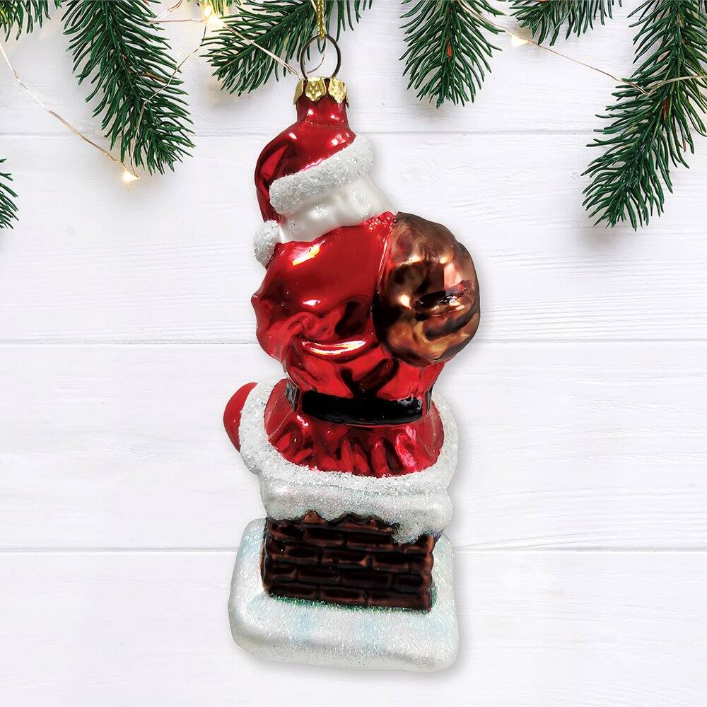 Back. OrnamentallyYou - Santa Claus on Chimney Glass Christmas Ornament - Multi-colored.