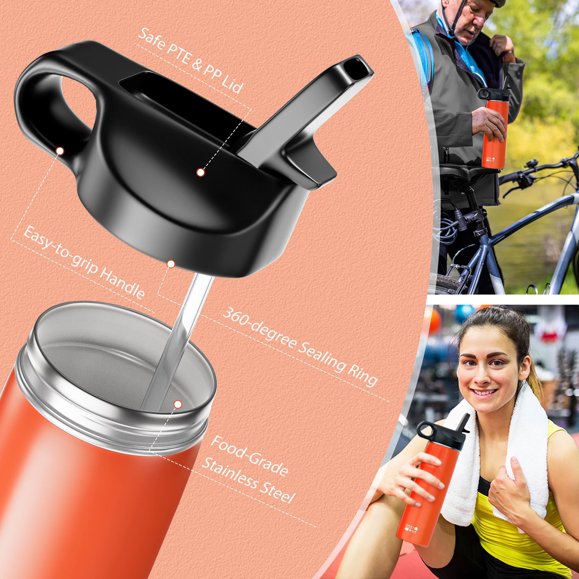 Safe PTE & PP Lid  
Easy-to-grip Handle  
360-degree Sealing Ring  
Food-Grade Stainless Steel