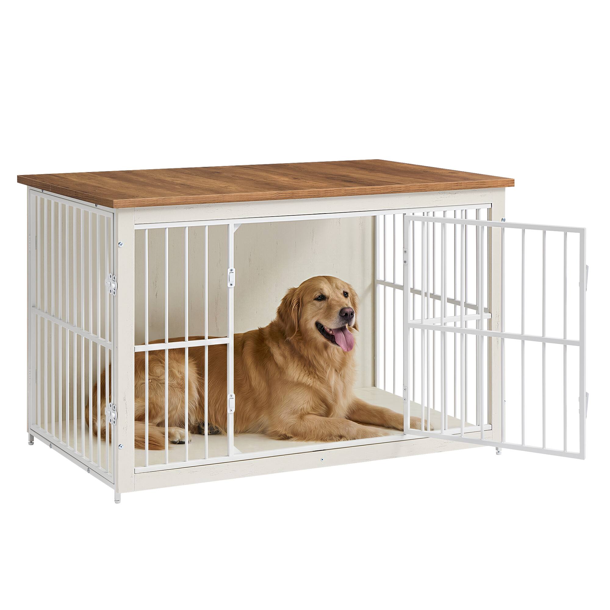 Front. Songmics Home - Wooden Dog Crate Furniture, Modern Kennel with Double Doors and Removable Tray - Rustic White + Honey Brown.