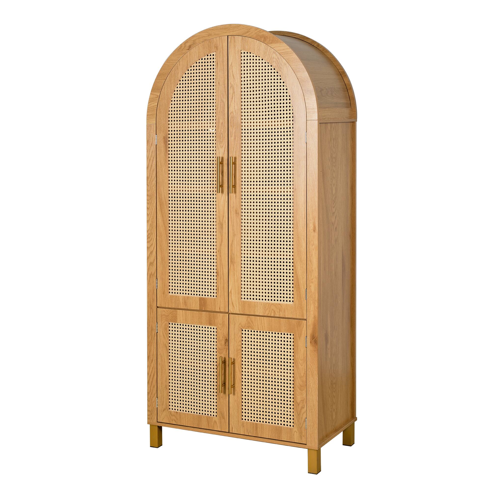 Alt View 8. Loheer - Loheer Arched Storage Cabinet, Oak Rattan Door Cabinet with Adjustable Shelves and Door Racks, Tall Pantry Cabinet - Oak.