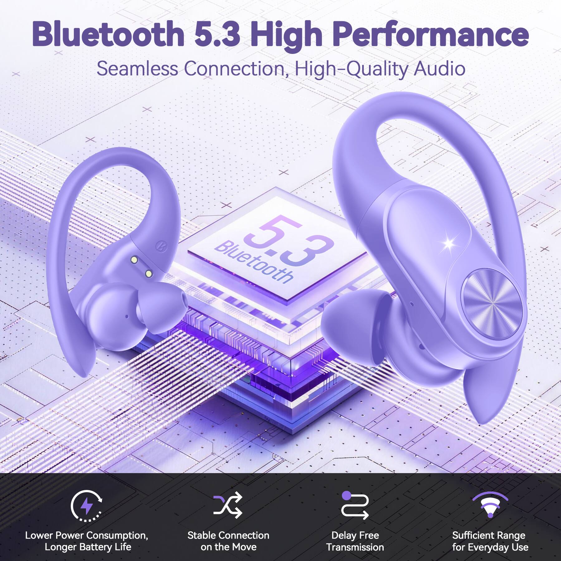Bluetooth 5.3 High Performance  
Seamless Connection, High-Quality Audio

- Lower Power Consumption, Longer Battery Life
- Stable Connection on the Move
- Delay Free Transmission
- Sufficient Range for Everyday Use
