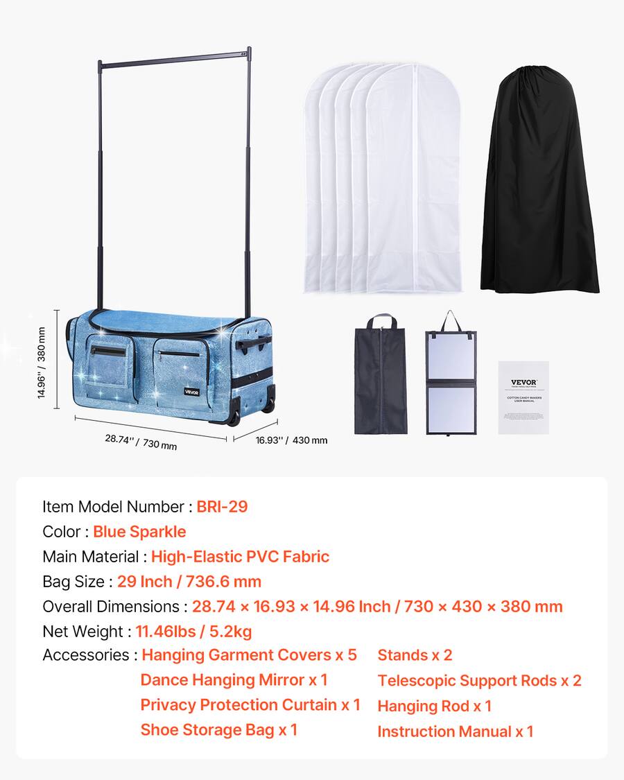 VEVOR Dance Bag with Garment Rack, 29 Inch Rolling Dance Duffel, with ...