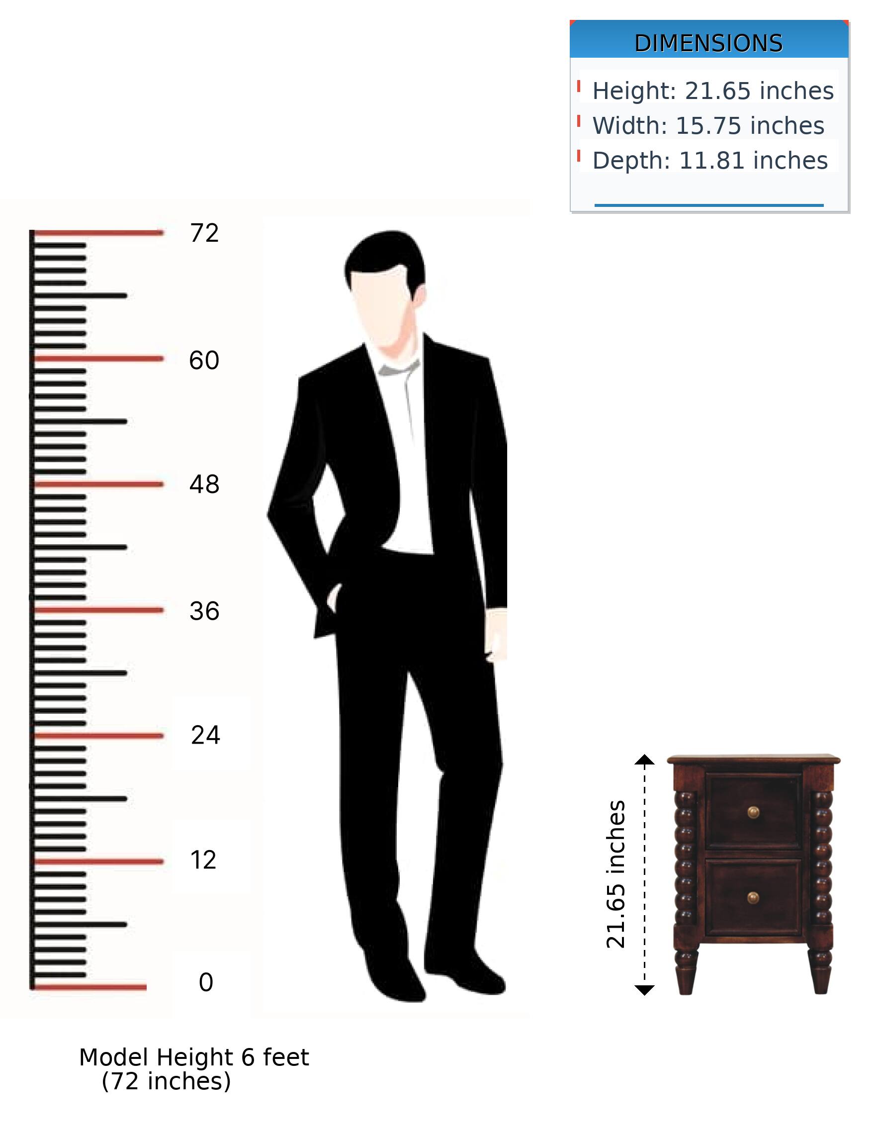 DIMENSIONS  
Height: 21.65 inches  
Width: 15.75 inches  
Depth: 11.81 inches  

Model Height: 6 feet (72 inches)