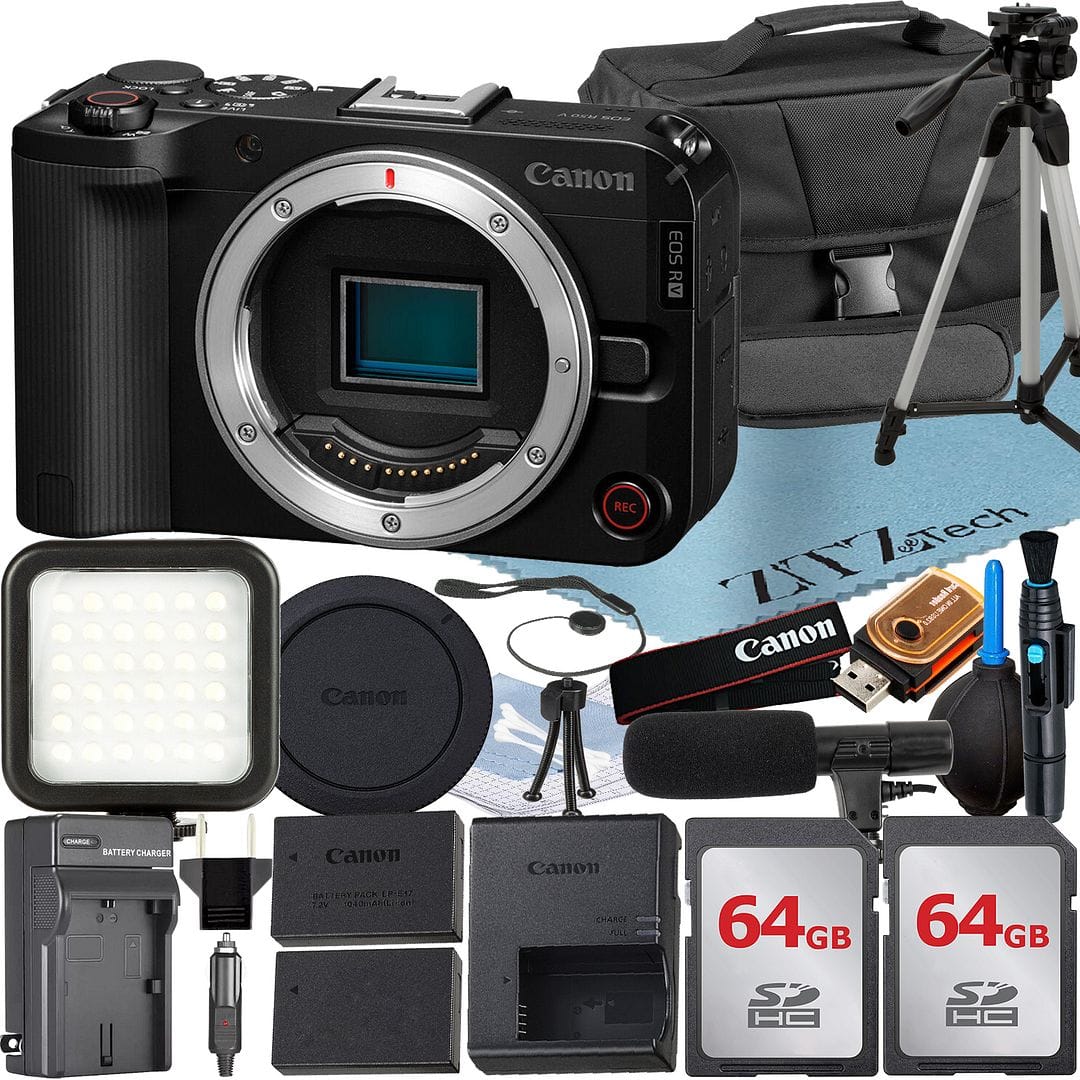 Canon - EOS R50 V Mirrorless Camera with 2x 64GB Card + Flash + ZeeTech Bundle (International Version) - Black