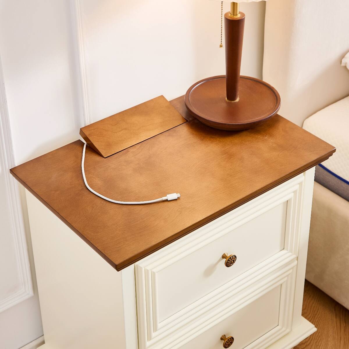 Back. Loheer - Loheer Mid Century Modern Nightstand with Charging Station, Two Drawers, Brown and White - Brown and White.