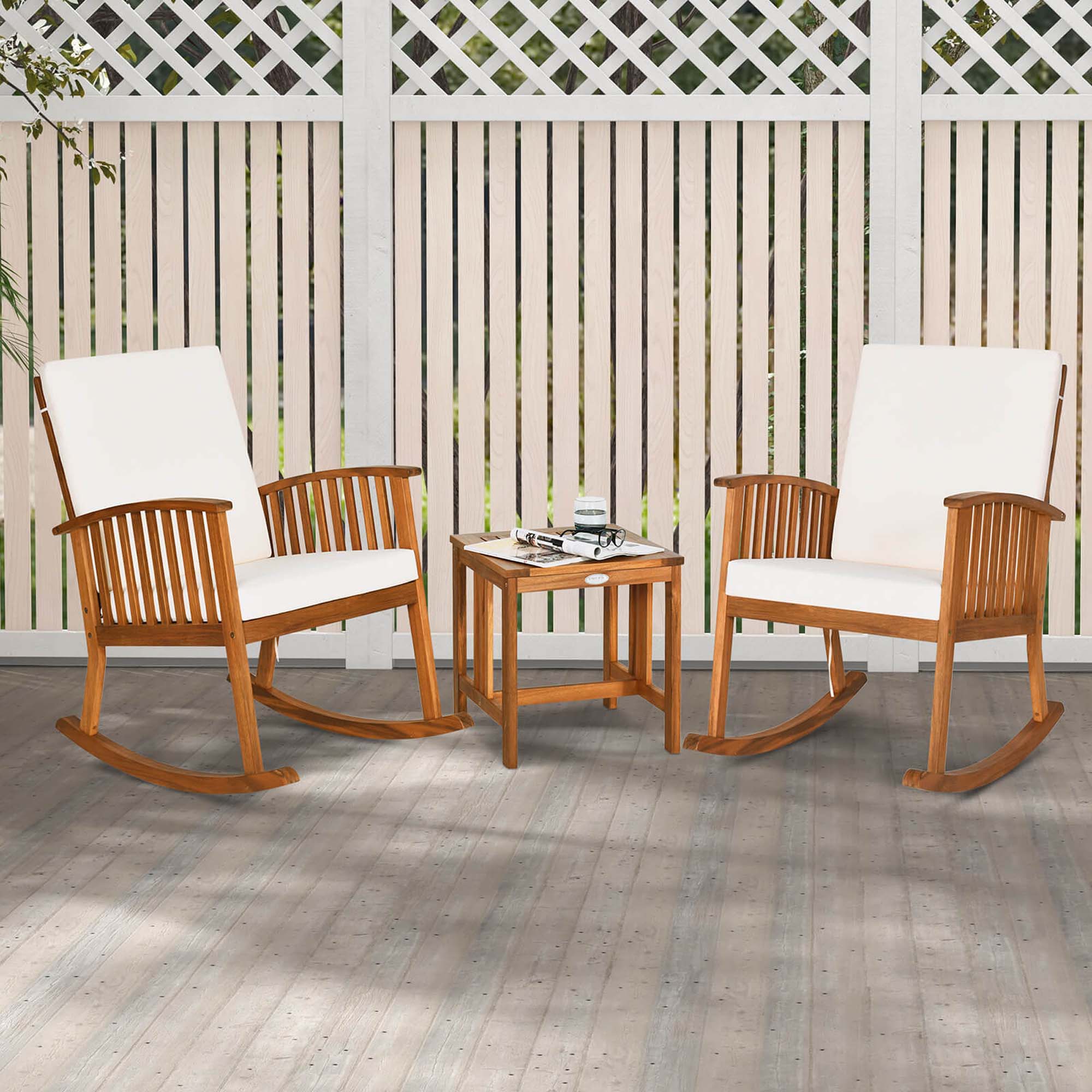 Alt View 1. Costway - Costway 3 Pieces Acacia Wood Rocking Bistro Set with Coffee Table and Cushions for Lawn - Natural,Off White.