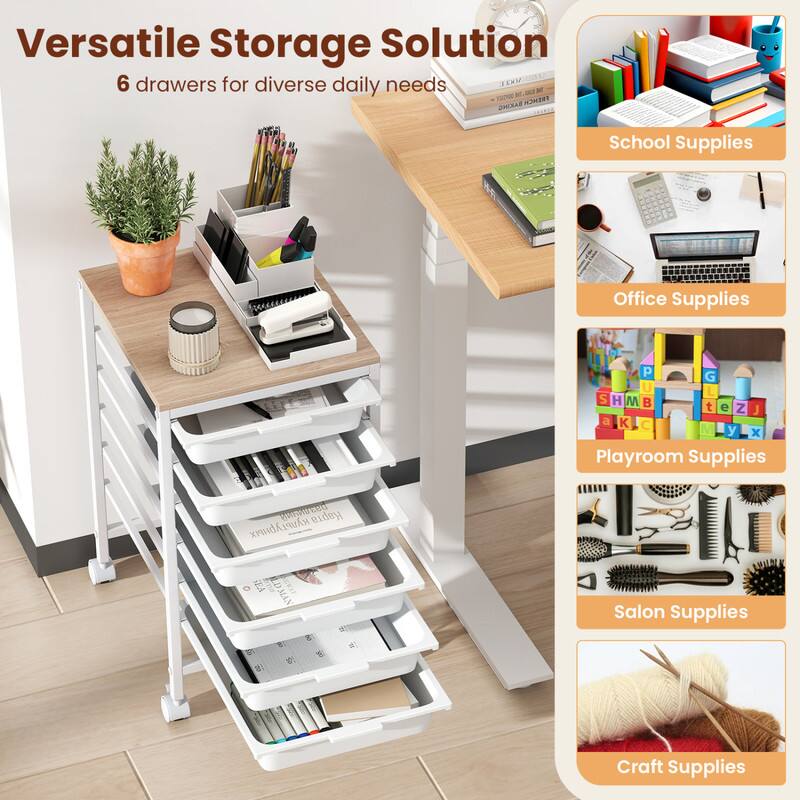 Versatile Storage Solution  
6 drawers for diverse daily needs  

School Supplies  
Office Supplies  
Playroom Supplies  
Salon Supplies  
Craft Supplies