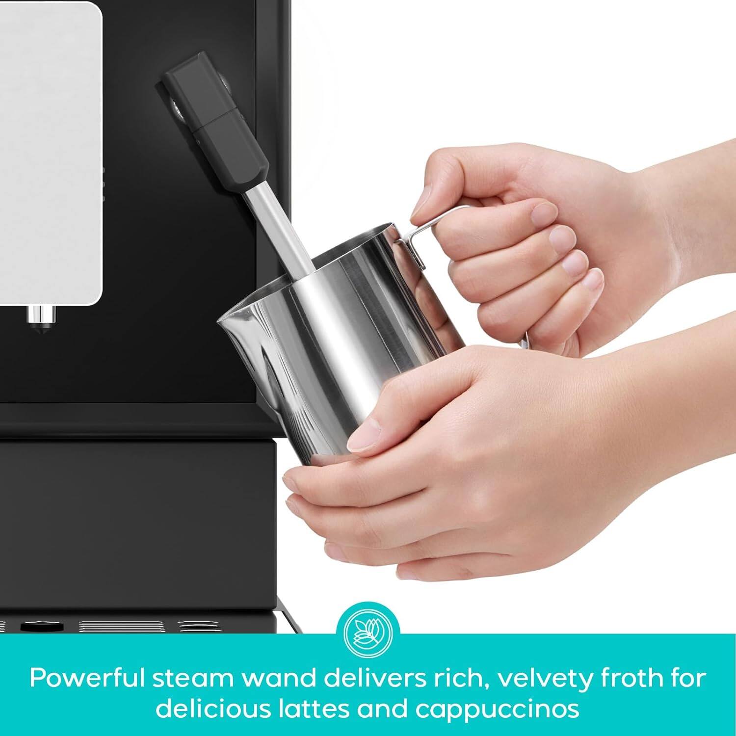 Powerful steam wand delivers rich, velvety froth for delicious lattes and cappuccinos