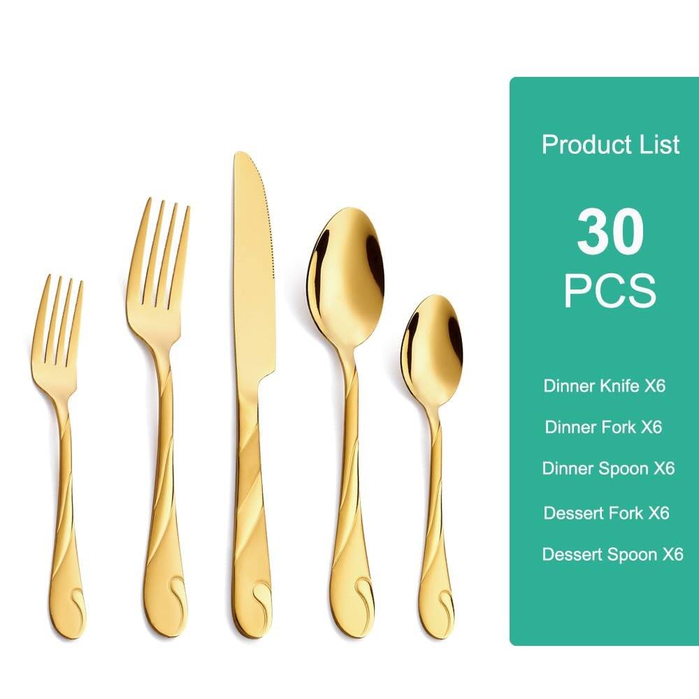 Left. Dazzed Corner - Gold Silverware Set for 6, 30-Piece Stainless Steel Flatware Set - NY4PM2K.