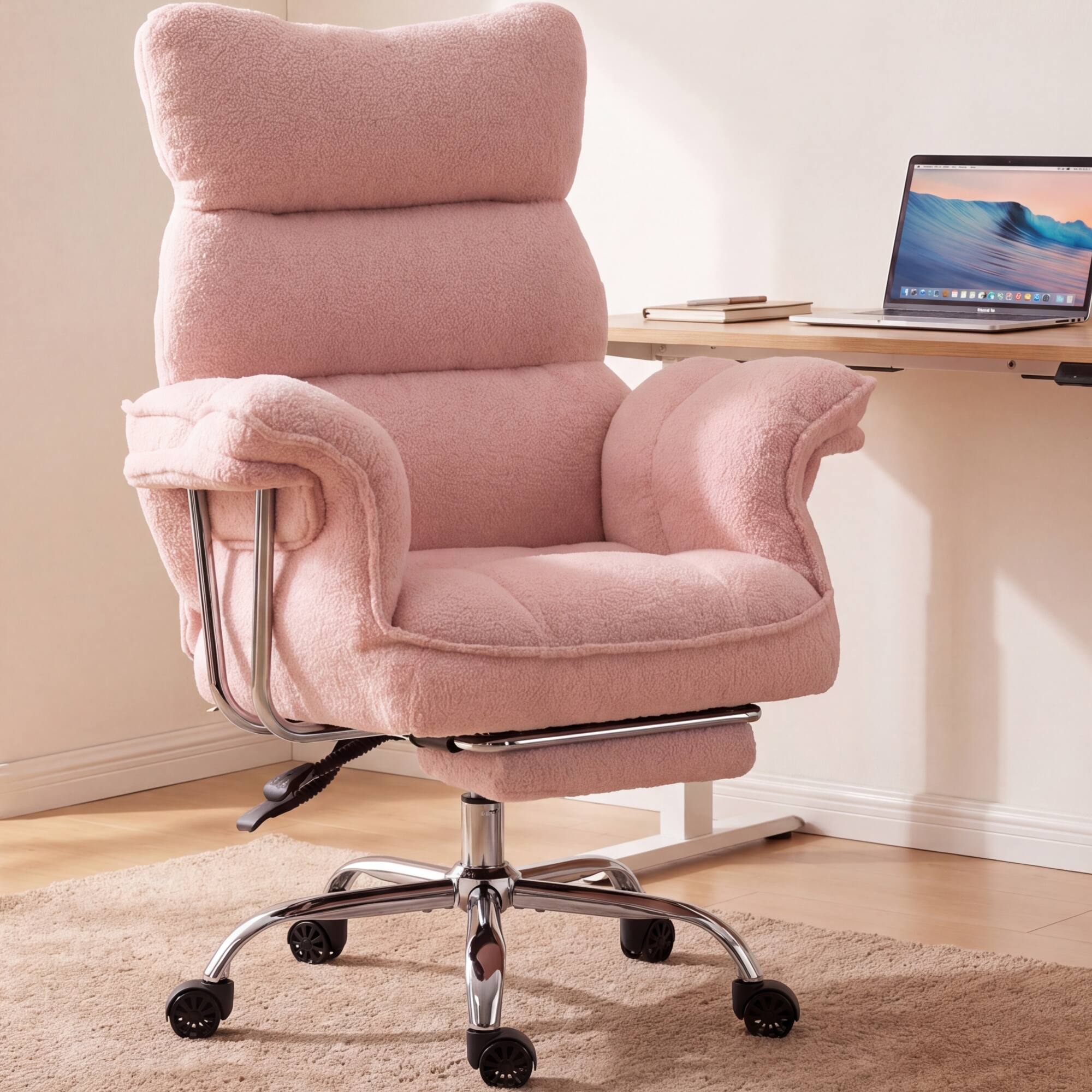 Angle. Dowinx - Big & Tall Ergonomic Chair, Wide/Thick Cushion, Reclining High-Back w/Footrest, Teddy Fleece - Pink.