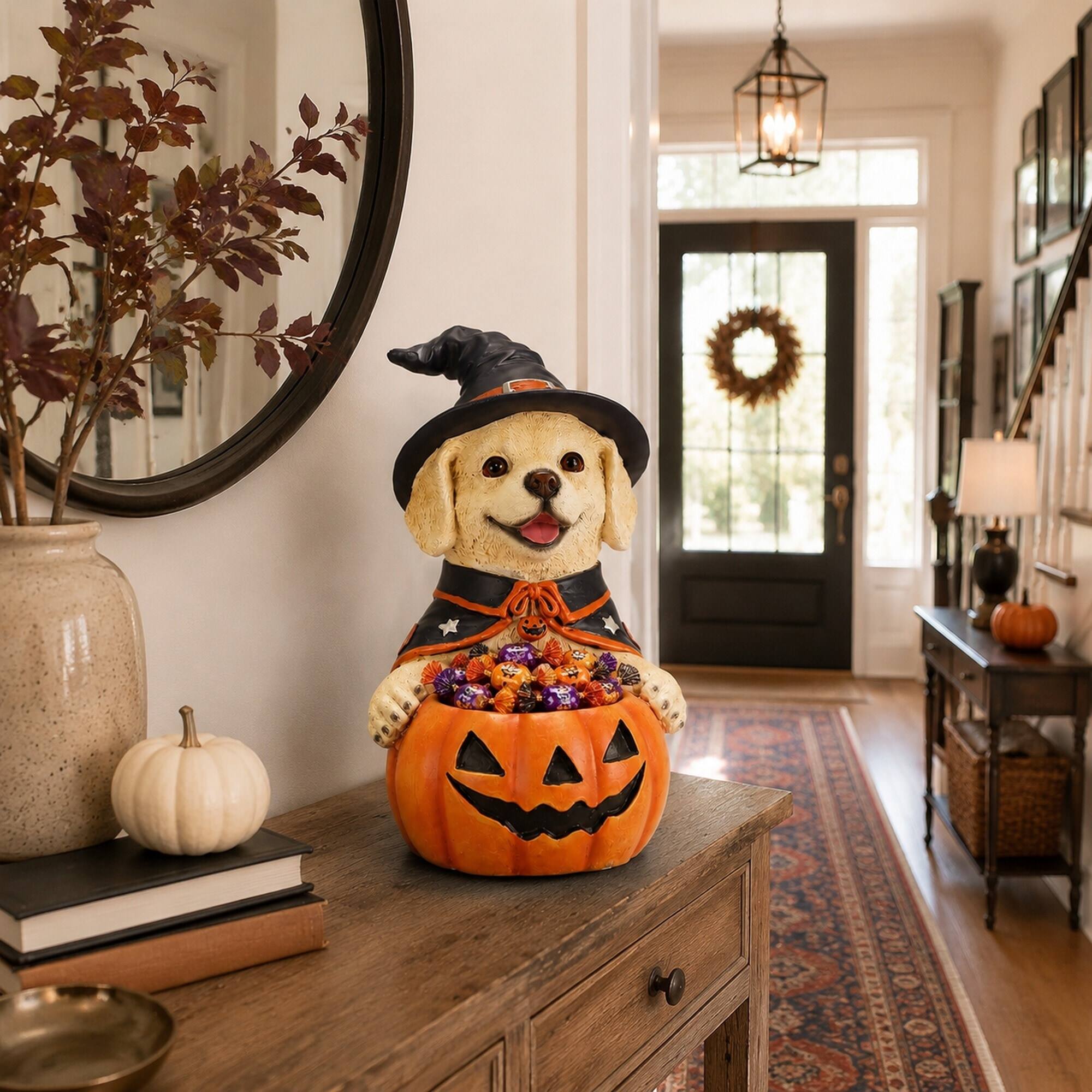 Alt View 1. RYHNUYNE - Halloween Labrador Retriever Witch Puppy Figurine with Pumpkin Candy Bowl, Hand-Painted Resin Dog Decor - Beige.