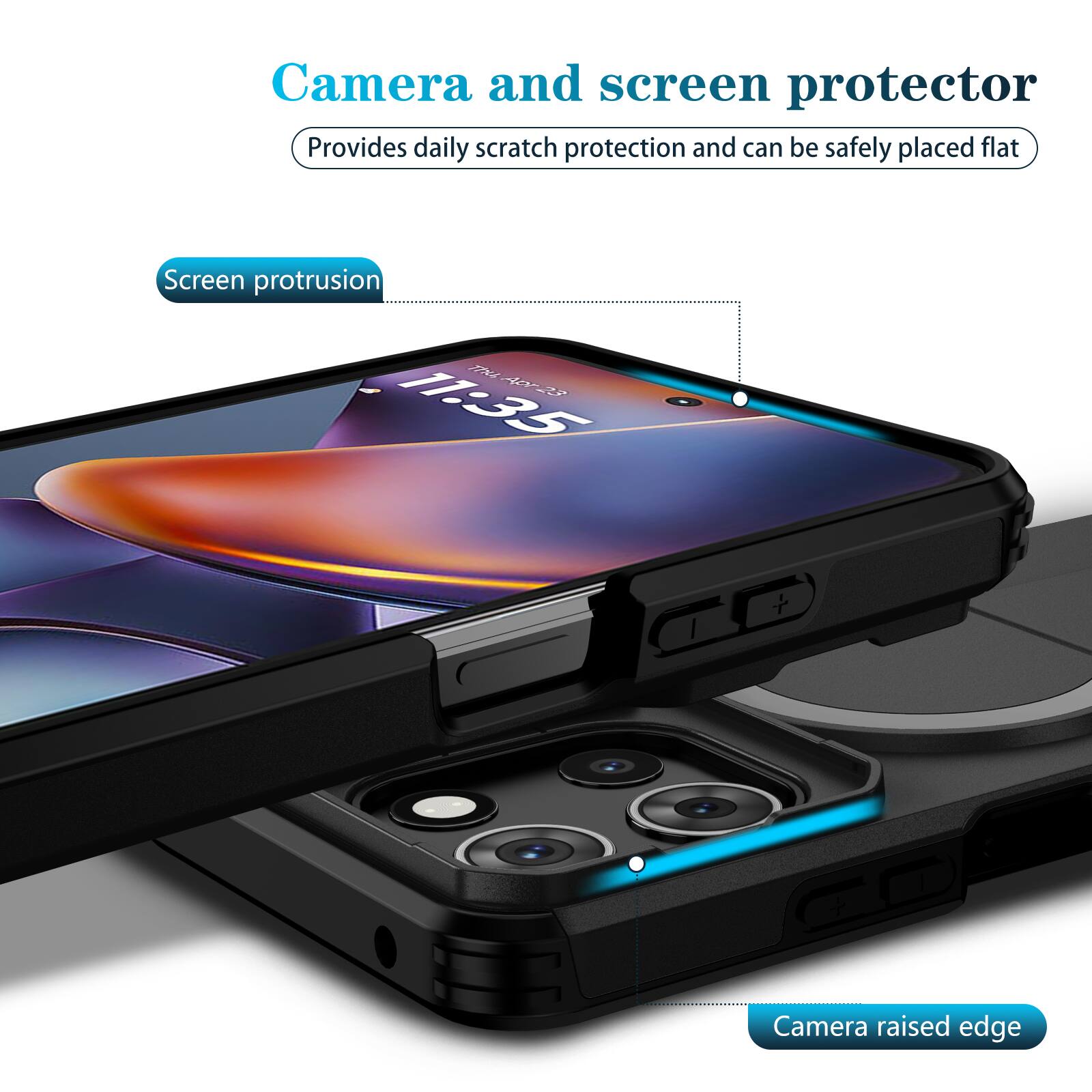Camera and screen protector  
Provides daily scratch protection and can be safely placed flat  

Screen protrusion  
11:35  

Camera raised edge