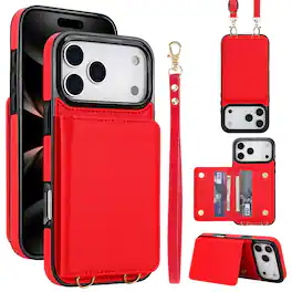 Dteck - Wallet Case for Apple iPhone 17 Pro Max,Faux Leather Flip Cover with RFID Card Holder+Strap,Shockproof Crossbody Case - Red