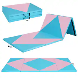 Costway - Gymnastics Gym Mat 4-Panel Folding Lightweight Gymnastics Tumbling Mat with Hook - Blue,Pink