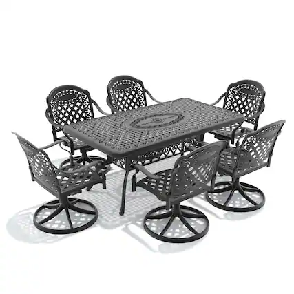 Front. Anysun - 7-Piece All-Weather Cast Aluminum Dining Set with 6 Swivel Chairs & Rectangular Table, Black Frame - Black.