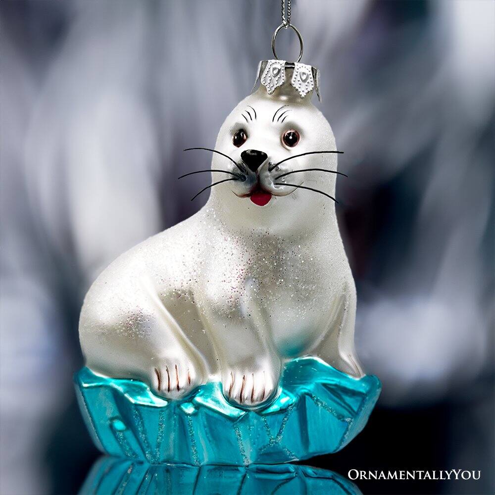 Alt View 1. OrnamentallyYou - White Seal on a Glacier Glass Christmas Ornament Pinnipeds and Sea Lion Themed Decor - Multi-colored.