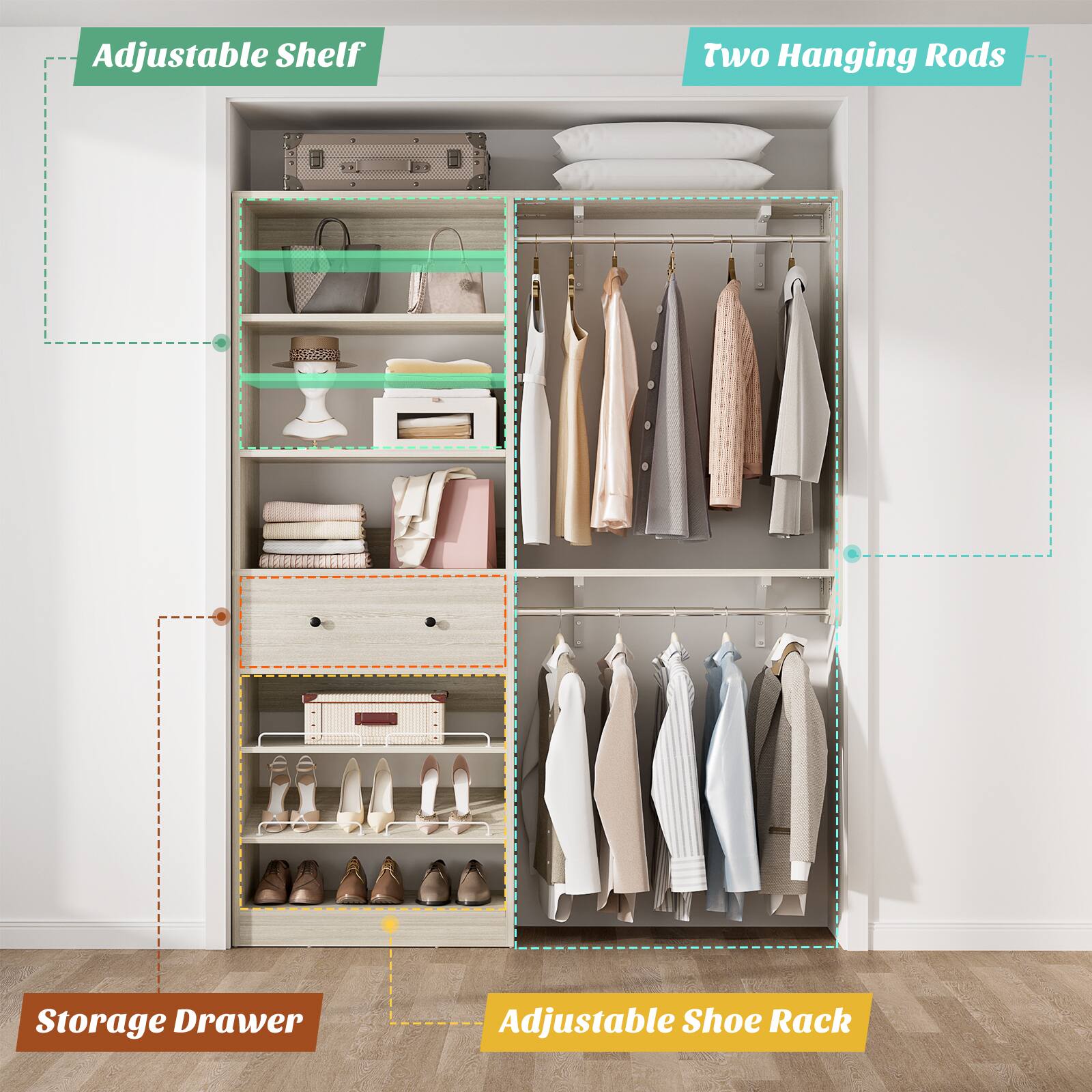 Adjustable Shelf  
Two Hanging Rods  
Storage Drawer  
Adjustable Shoe Rack