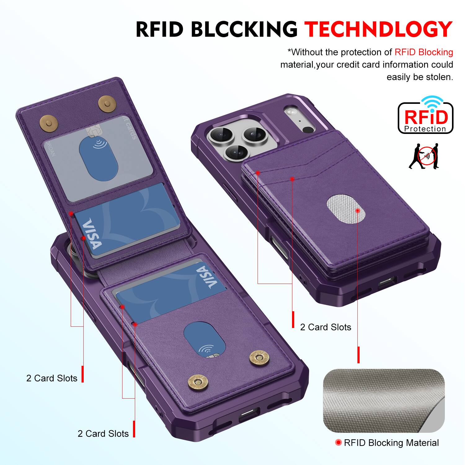 RFID BLOCKING TECHNOLOGY

*Without the protection of RFID Blocking material, your credit card information could easily be stolen.

ORDAN At cards RFID Protection

VISA

2 Card Slots

2 Card Slots

2 Card Slots

RFID Blocking Material