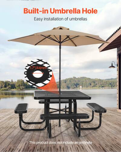 heavy patio table with umbrella hole PHI VILLA w/Umbrella Hole, Metal Table w/Mesh Top, Black traffic seating areas such as campuses Outdoor Furniture 8-Person Coated Heavy-Duty