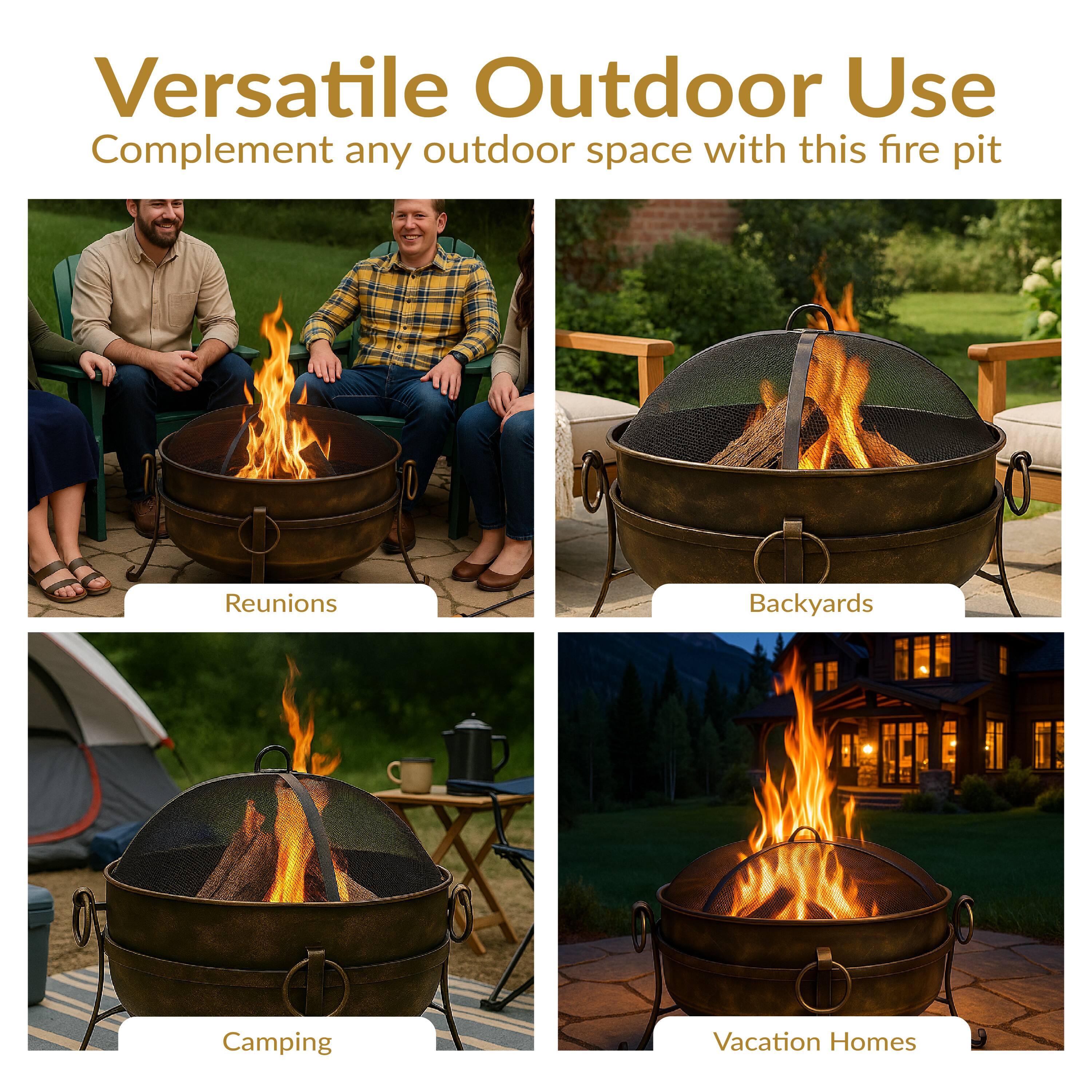 Versatile Outdoor Use  
Complement any outdoor space with this fire pit  

Reunions  
Backyards  
Camping  
Vacation Homes