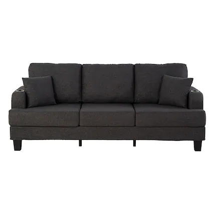 Front. Vaczon - 3 Seater Sofa with USB Charging, 2 Cup Holders and 2 Throw Pillows Comfortable Living Room Couch for Relaxing - Charcoal black.