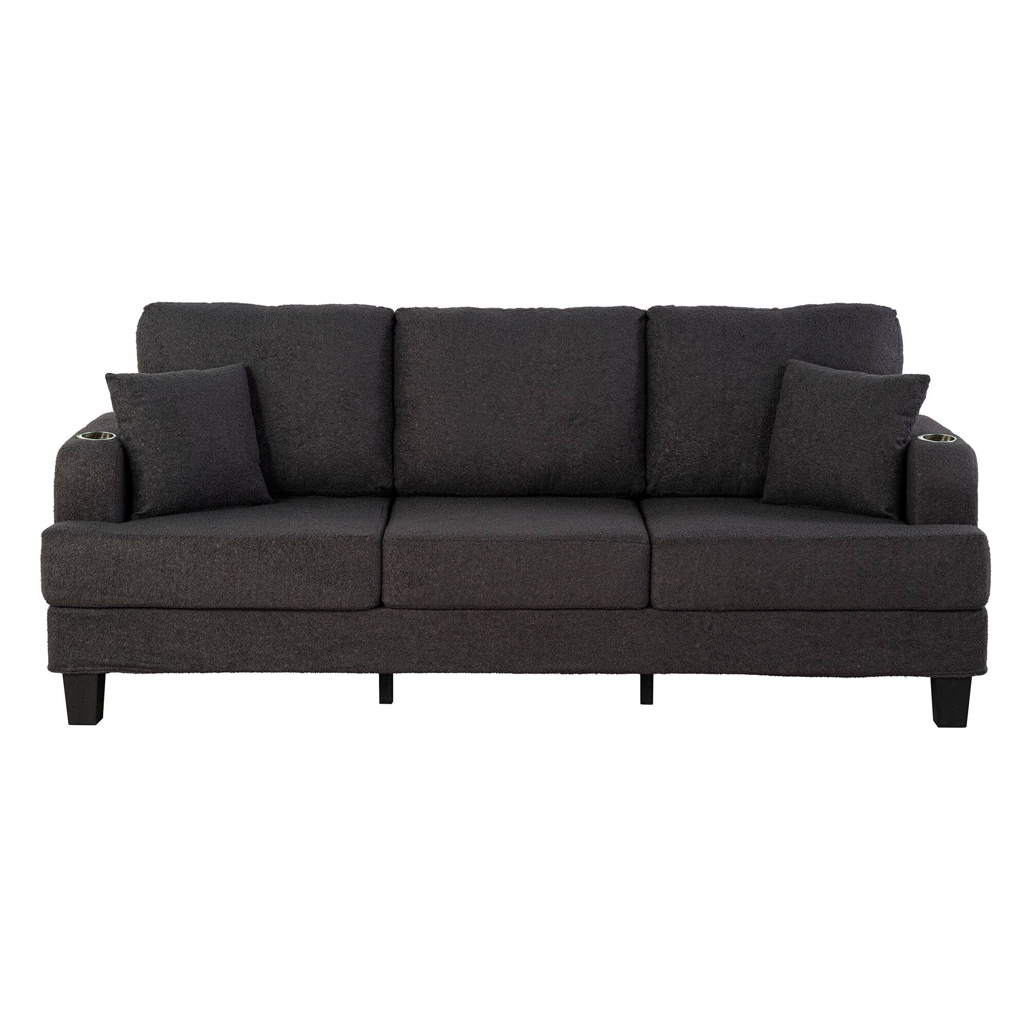 Front. Vaczon - 3 Seater Sofa with USB Charging, 2 Cup Holders and 2 Throw Pillows Comfortable Living Room Couch for Relaxing - Charcoal black.