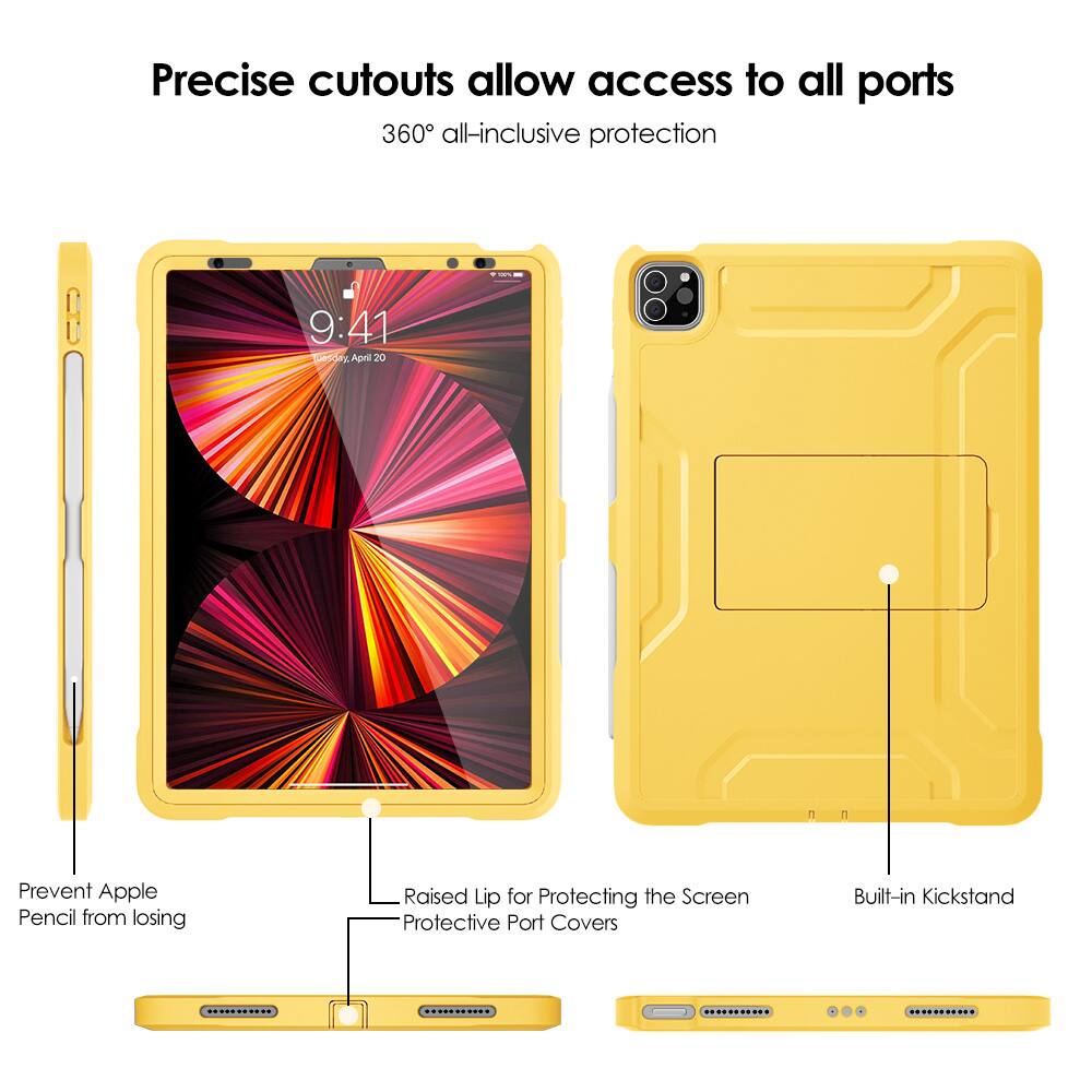 Precise cutouts allow access to all ports  
360° all-inclusive protection  

- Prevent Apple Pencil from losing  
- Raised Lip for Protecting the Screen  
- Protective Port Covers  
- Built-in Kickstand