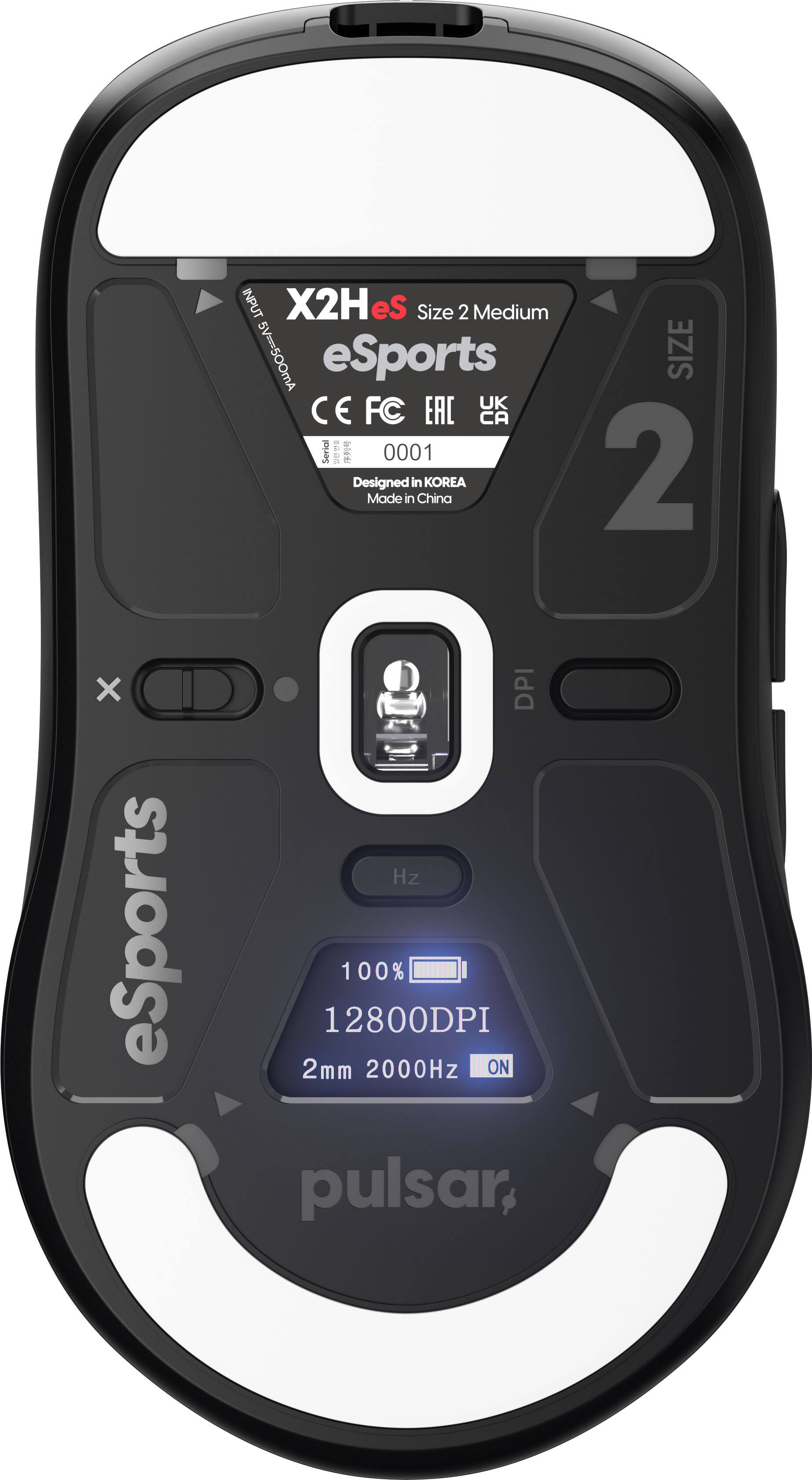 INPUT X2Hes eSports Size 2 Medium 5V=500mA FC EAC UK CE CA Serial 0001 Designed in KOREA Made in China SIZE 2 X eSports DPI Hz 100% 12800DPI 2mm 2000Hz ON pulsar,