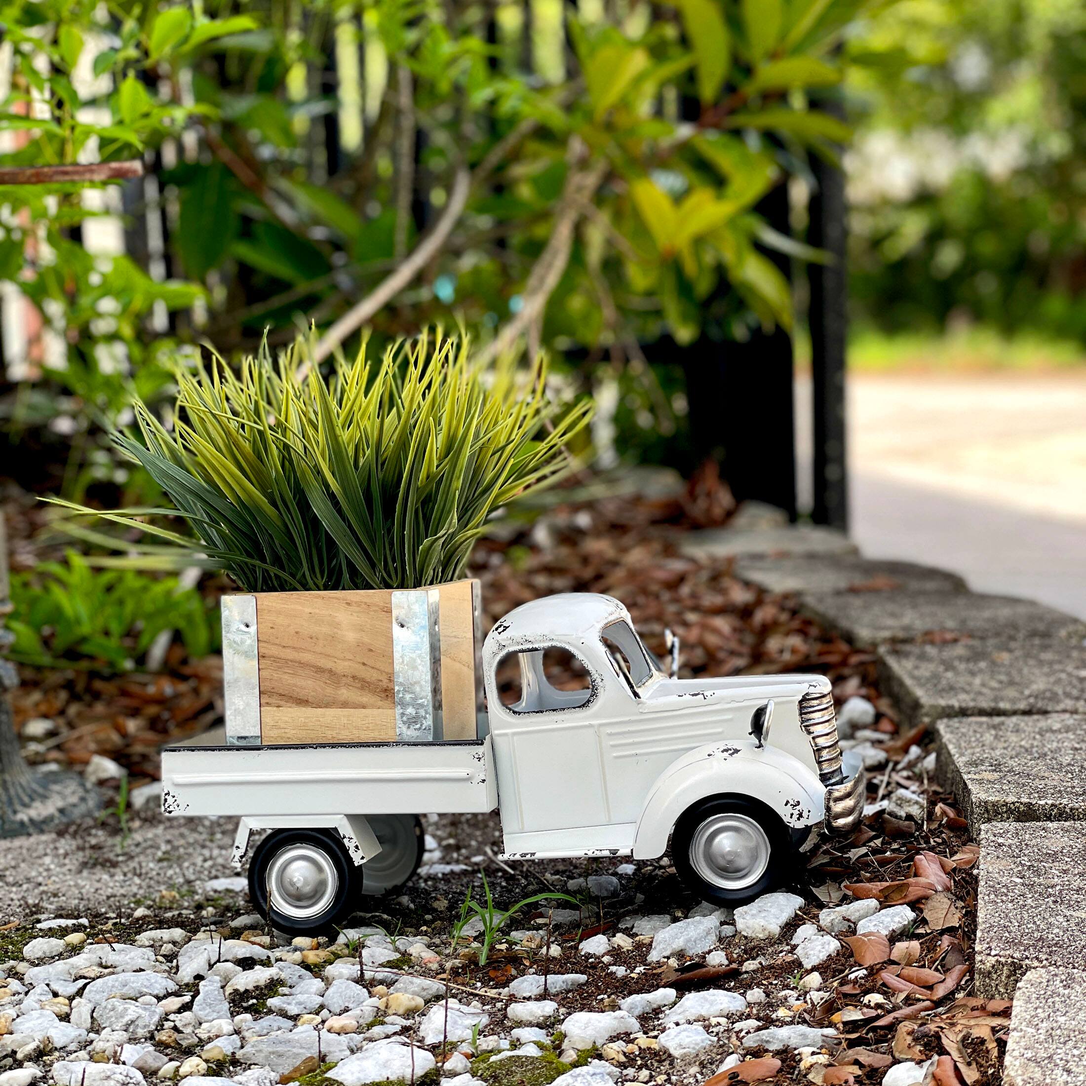Alt View 3. Zeckos - 14" Weathered White Metal Truck Planter – Vintage Farmhouse Decor, No Drain Hole - White.