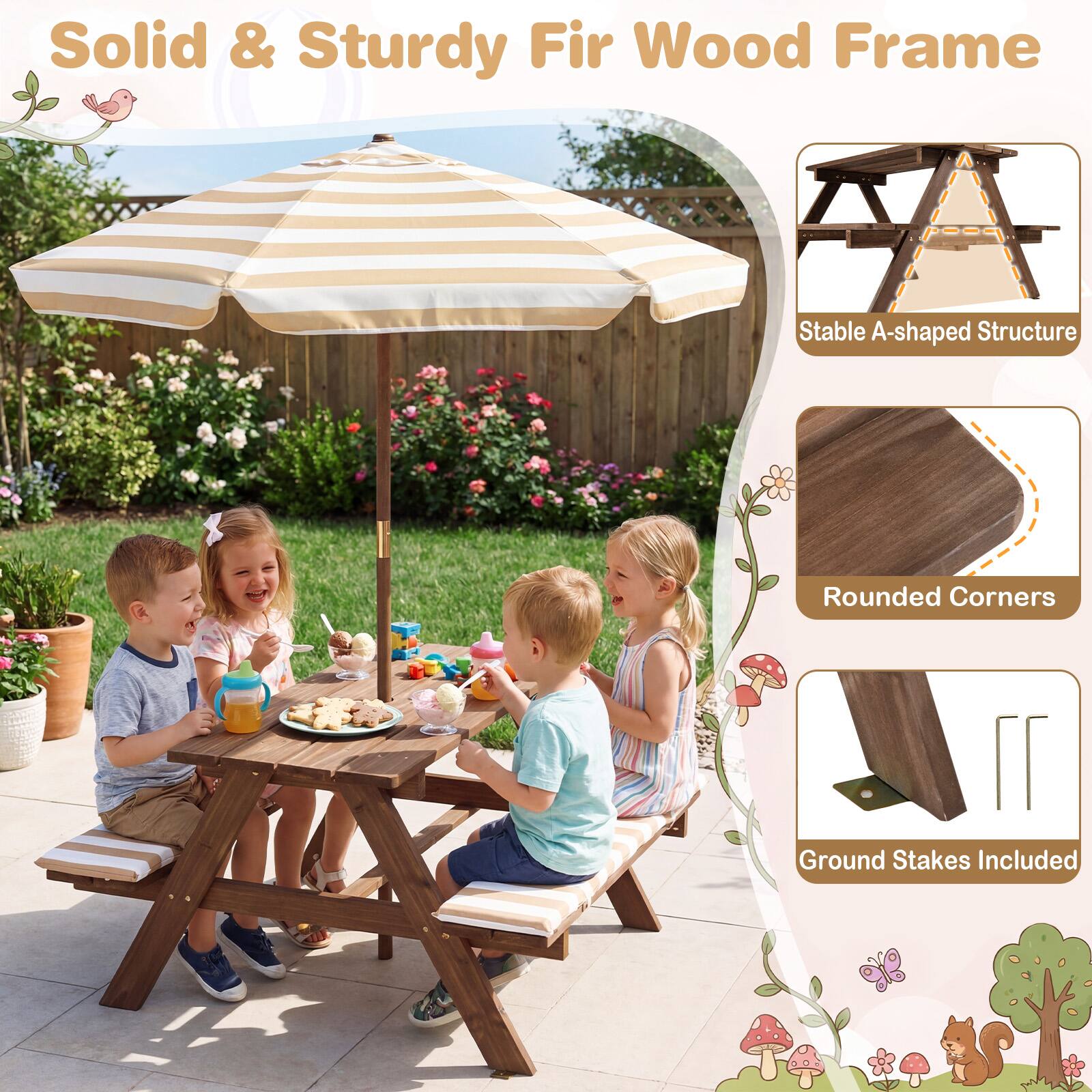 Solid & Sturdy Fir Wood Frame  
Stable A-shaped Structure  
Rounded Corners  
Ground Stakes Included