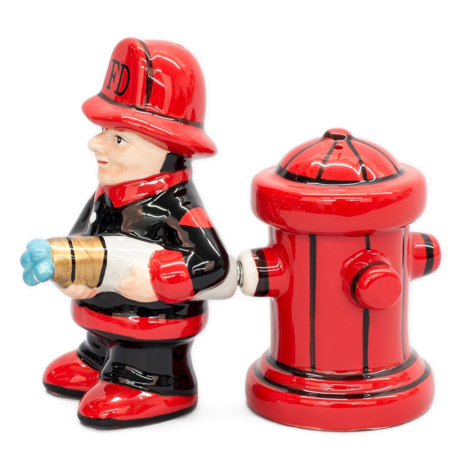 Angle. Pacific Trading - Fireman with Hose and Hydrant 4 Inch Ceramic Magnetic Salt and Pepper Shaker Set Novelty Gift - Red.