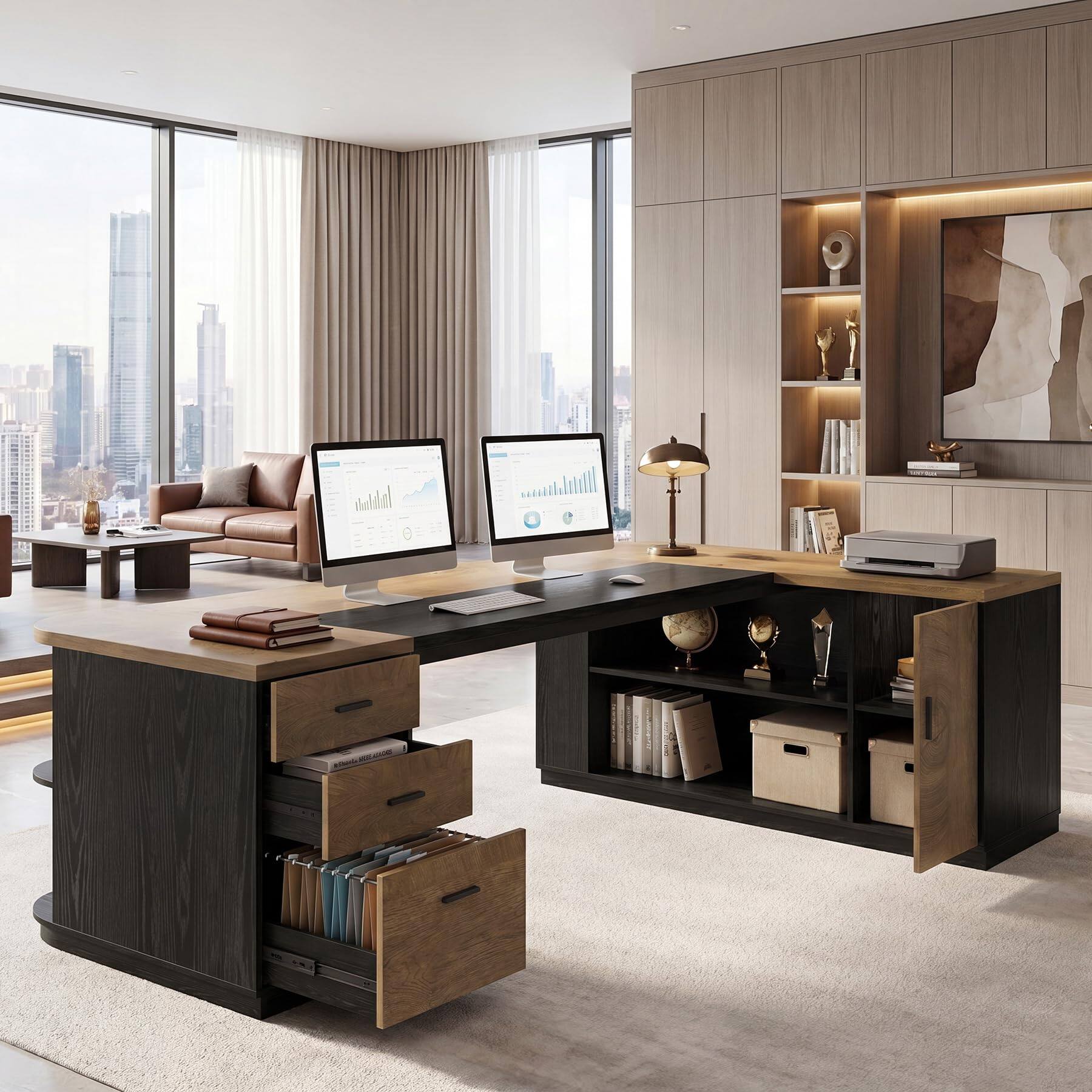 Back. Tribesigns - 86.6-Inch L-Shaped Executive Desk, Extra Large Computer Desk with Drawers & Storage Cabinet, Modern Business Workstation - Brown & Black.