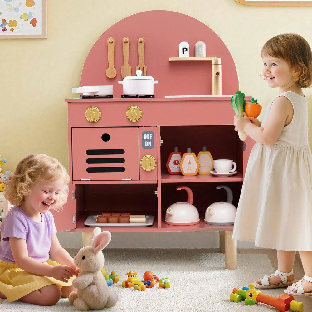 Back. Resenkos - Kids Wooden Play Kitchen Set with Stove, Sink, Microwave & Oven - Pretend Cooking Toy - Pink.